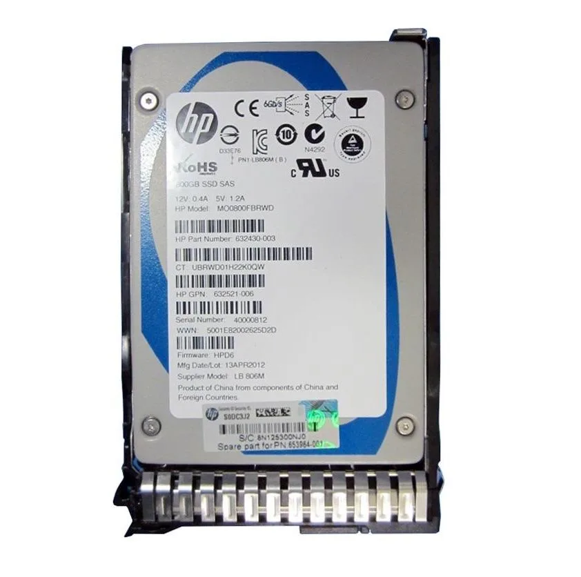 Rectangular 2.5 inch SAS SSD in silver metal casing with label showing 653109-B21 800GB
