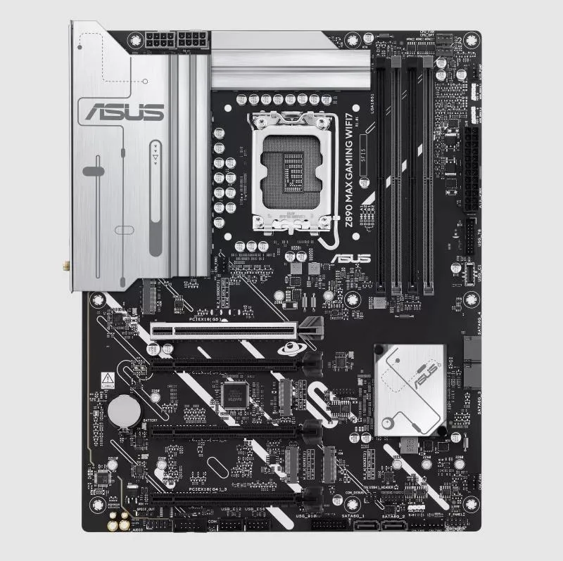 ATX motherboard in dark finish with silver heatsinks and LGA 1851 socket