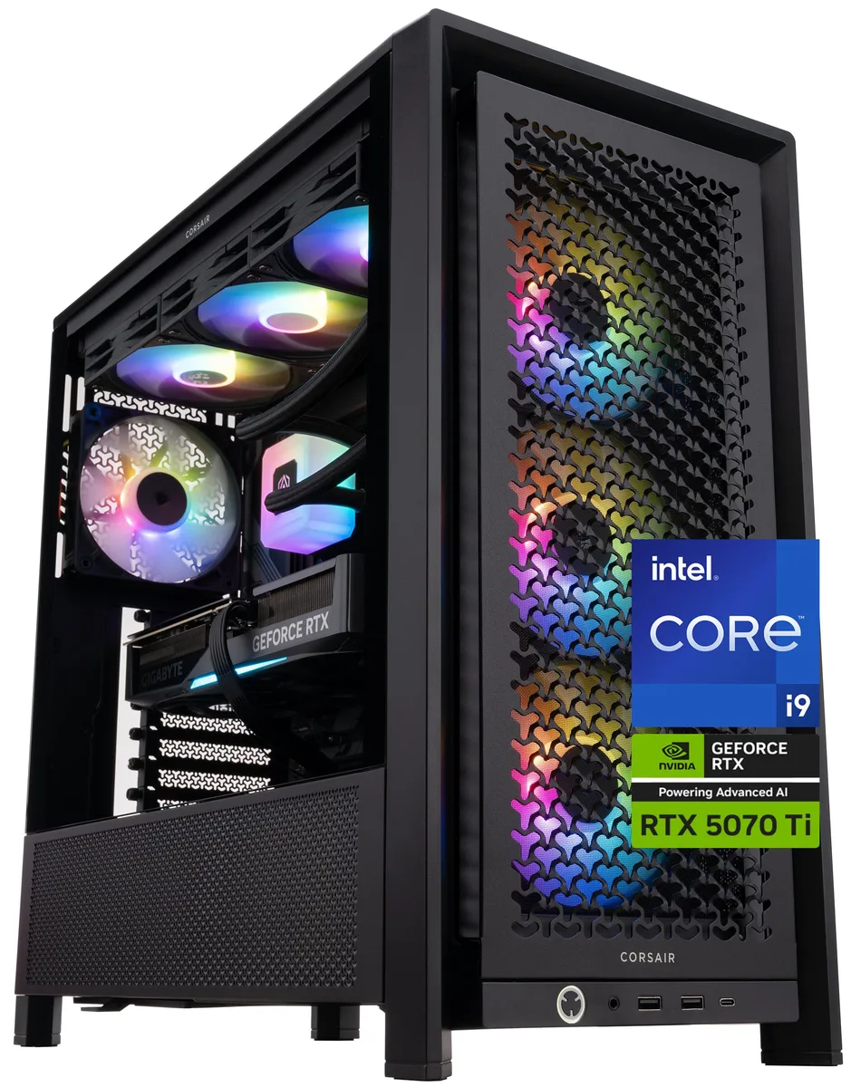Black mid-tower PC with tempered glass side panel and ARGB lighting