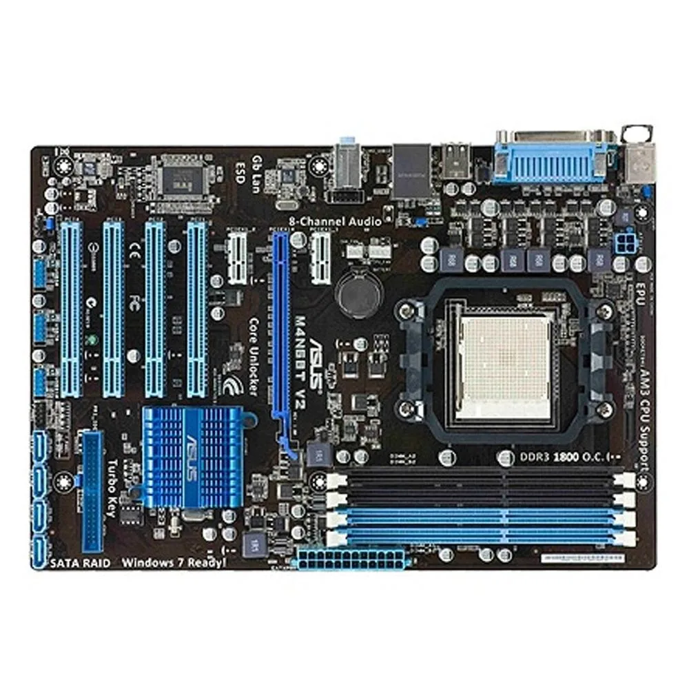 Green ATX motherboard with black expansion slots and silver CPU socket