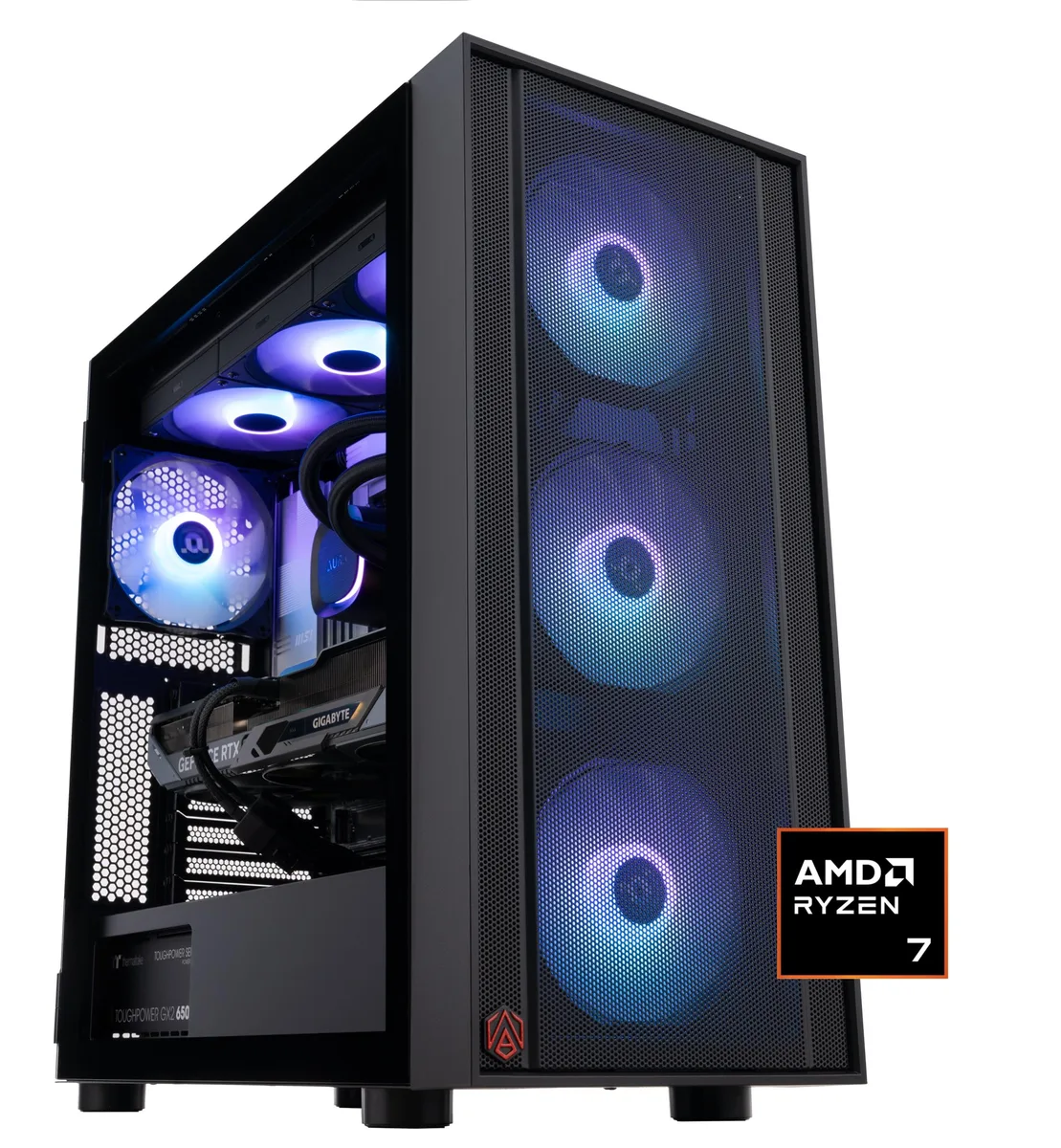 Black mid-tower gaming desktop with RGB memory and liquid cooling