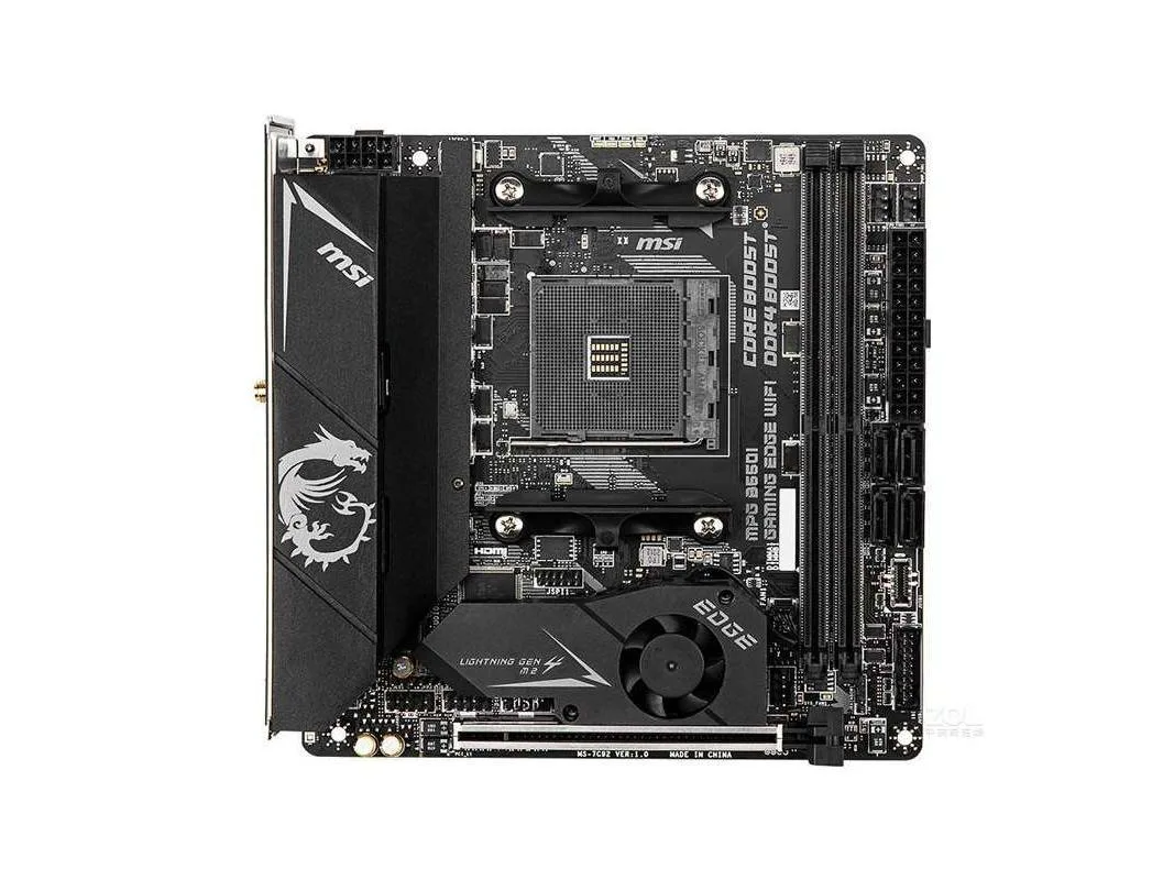 Mini-ITX motherboard with black PCB and silver heatsinks