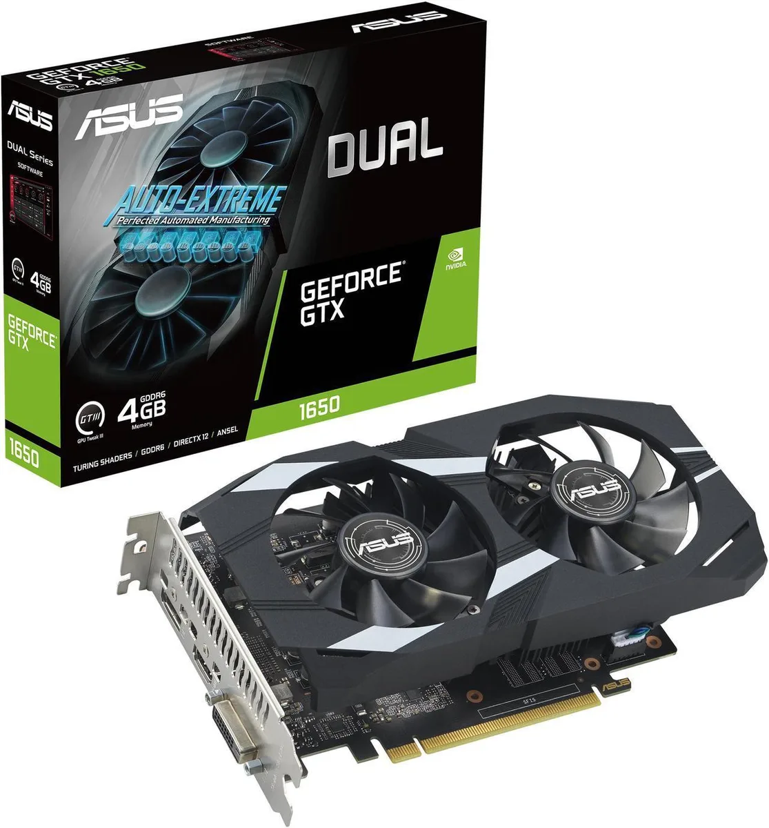 Dual-fan graphics card with matte black shroud and silver backplate