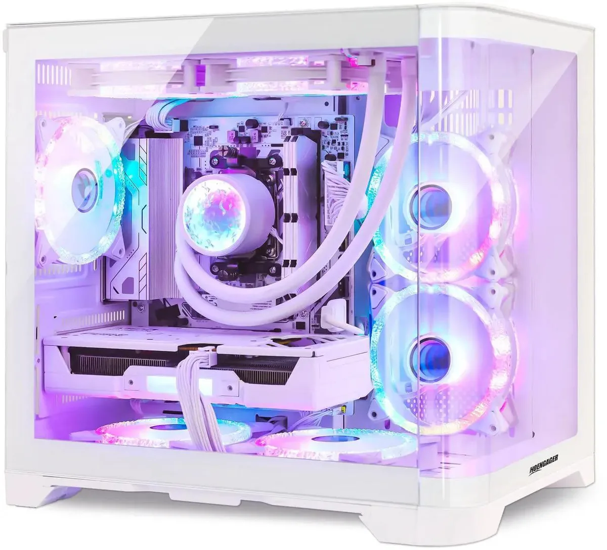 White mid-tower gaming desktop with ARGB liquid cooler visible