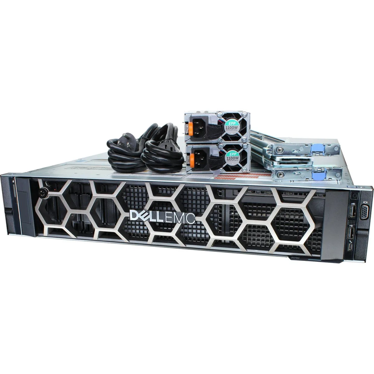 Silver 2U rack server with eight 2.5 inch drive bays, six SSDs installed, bezel and rails included