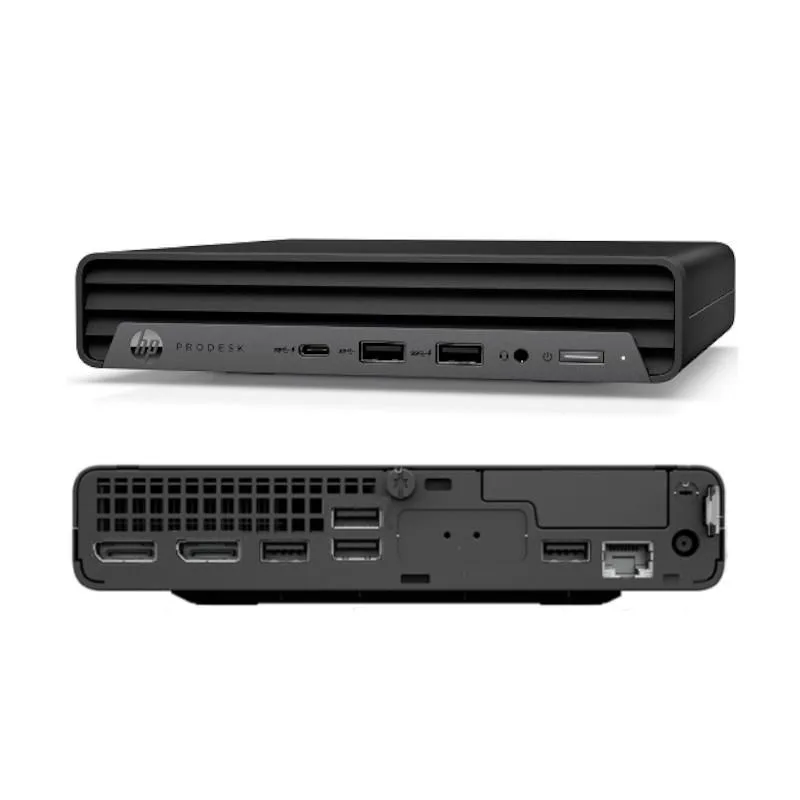 Small black square mini desktop with front USB-C and USB-A ports
