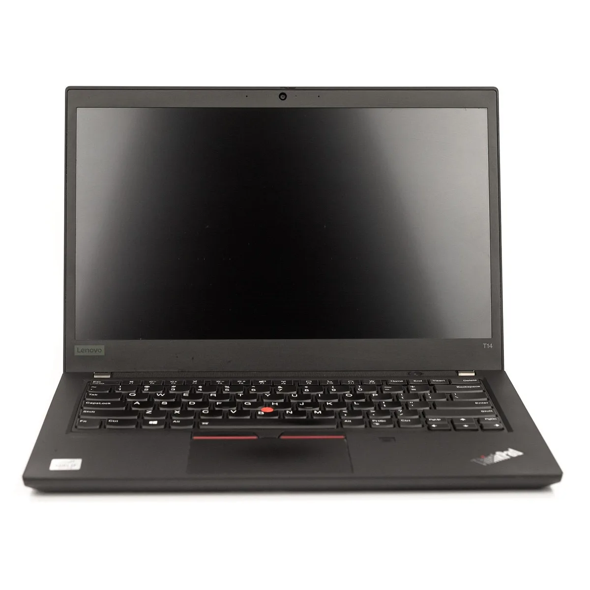 Black ThinkPad T14 laptop closed showing matte finish and red TrackPoint nub