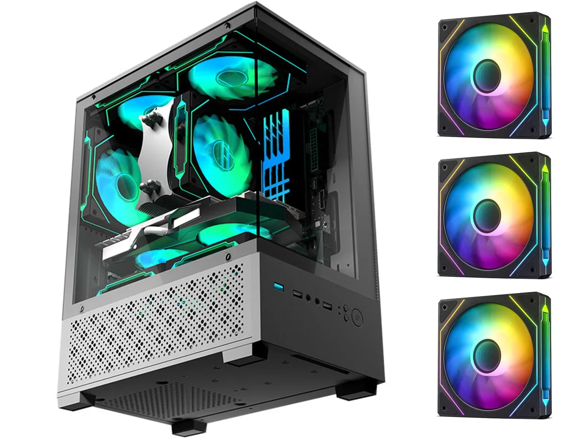 GPERHUAN GPERHUAN Micro ATX PC Case Black 3×120mm ARGB Fans Panoramic Glass — produktfoto