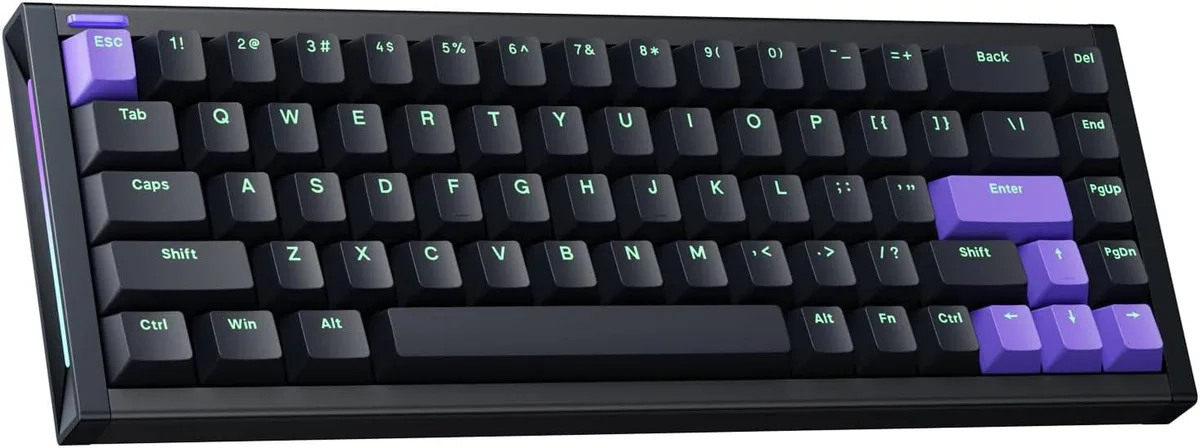 Compact 65 percent aluminium keyboard with 68 PBT keycaps and coiled cable