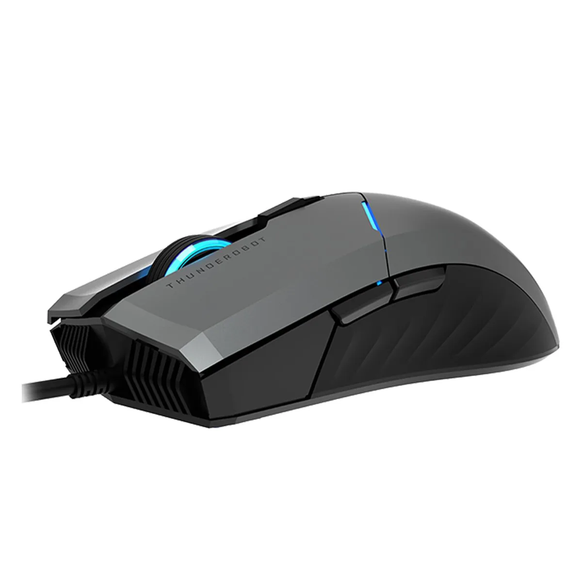 Black wired gaming mouse with ergonomic claw-grip shape and textured side grips