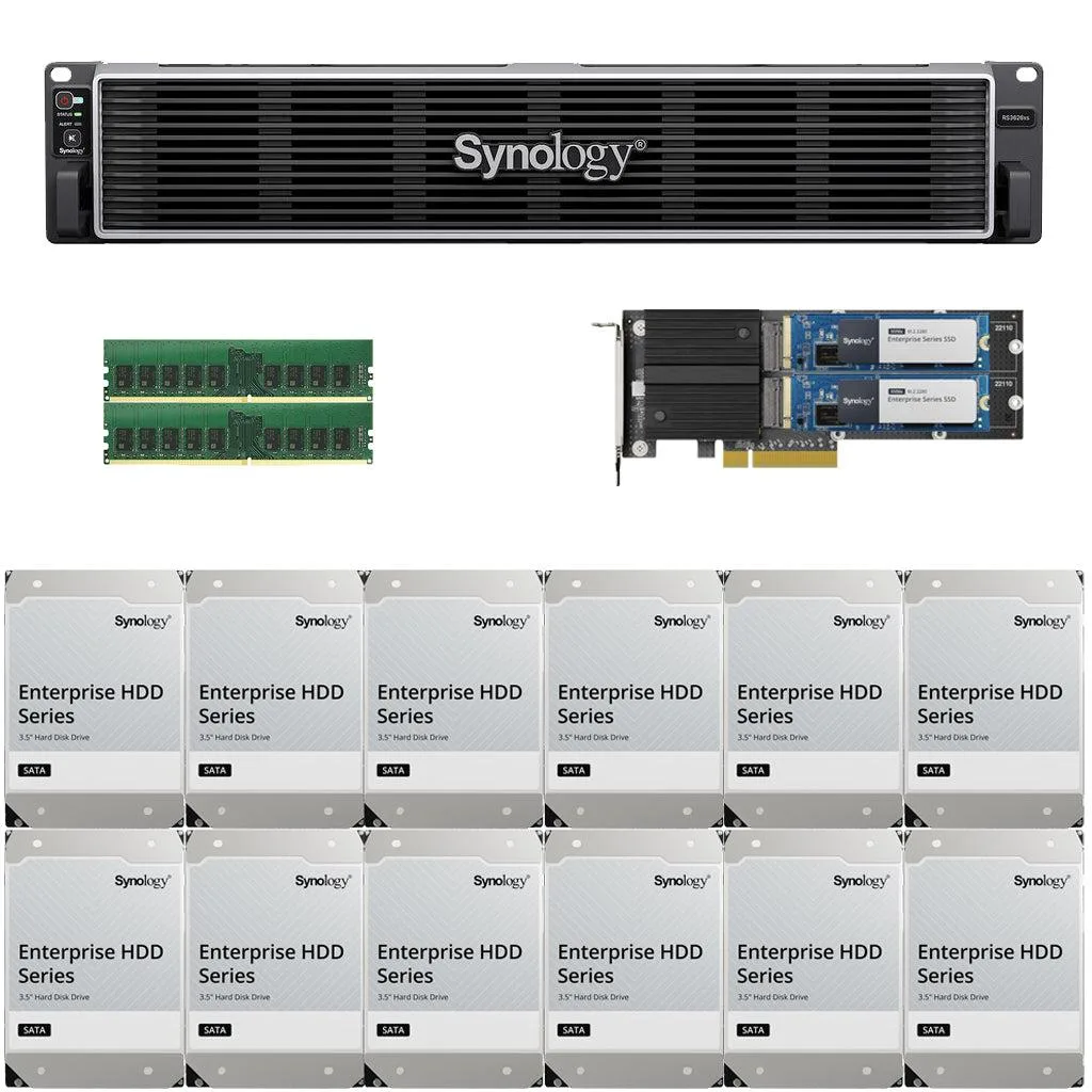 Silver 12-bay 2U rackmount NAS with twelve drive trays installed