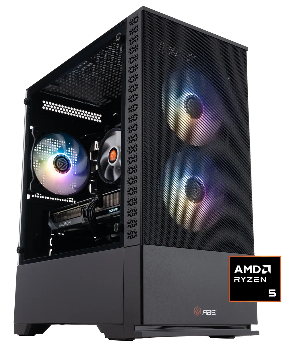 Refurbished mid-tower gaming desktop in black case with RGB lighting visible through side panel