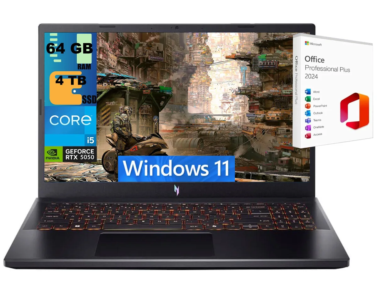Black 15.6 inch gaming laptop with thin bezels and backlit keyboard