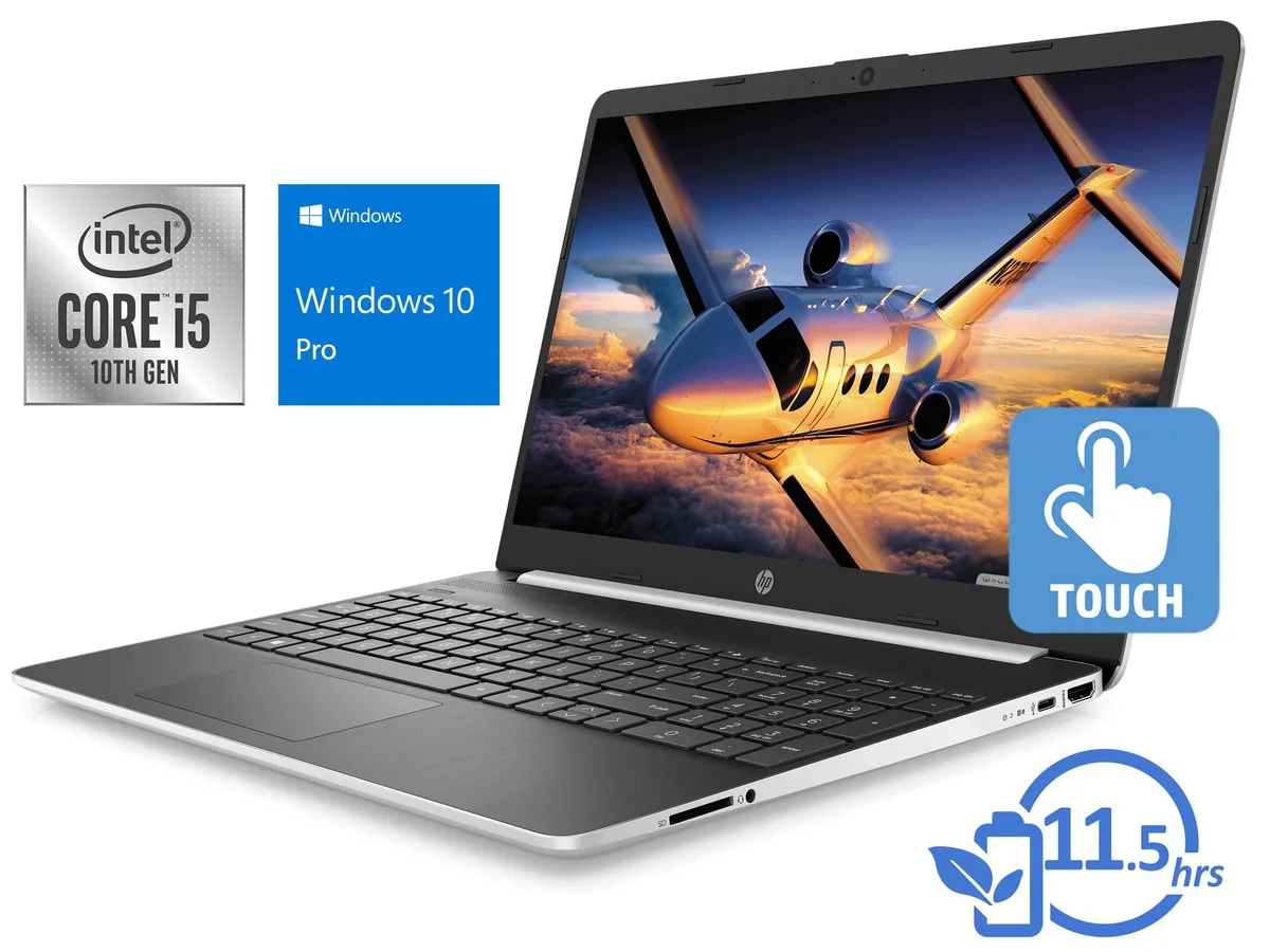 Silver HP 15 notebook with 15.6 inch HD touchscreen display