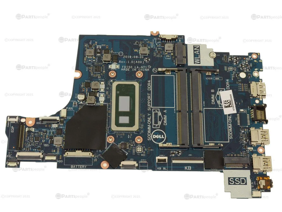 Green Dell Inspiron 3590 laptop motherboard with soldered Core i5-10210U CPU