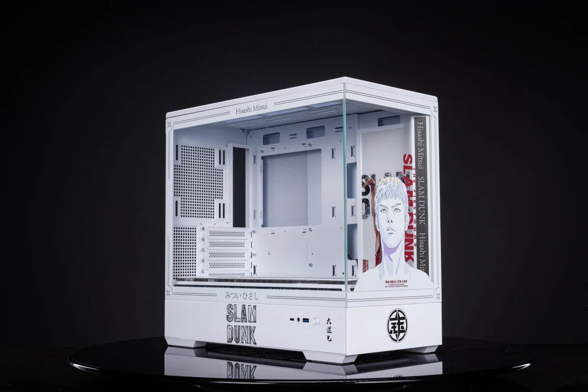 White and blue compact tower with tempered glass side panel and Slam Dunk graphics