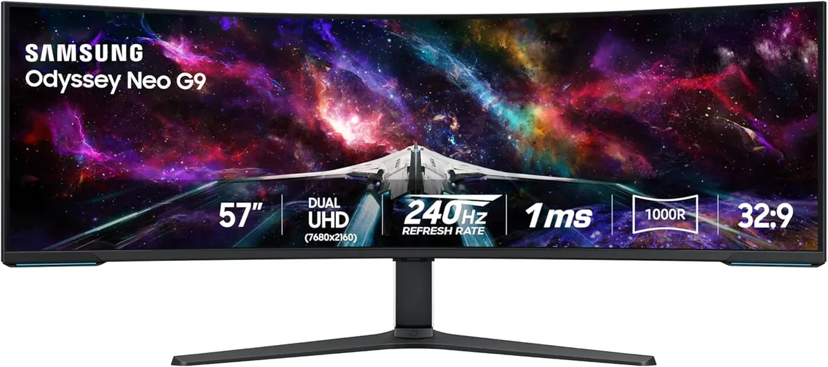 A massive 57-inch curved gaming monitor with a matte black finish, ultra-thin bezels on three sides