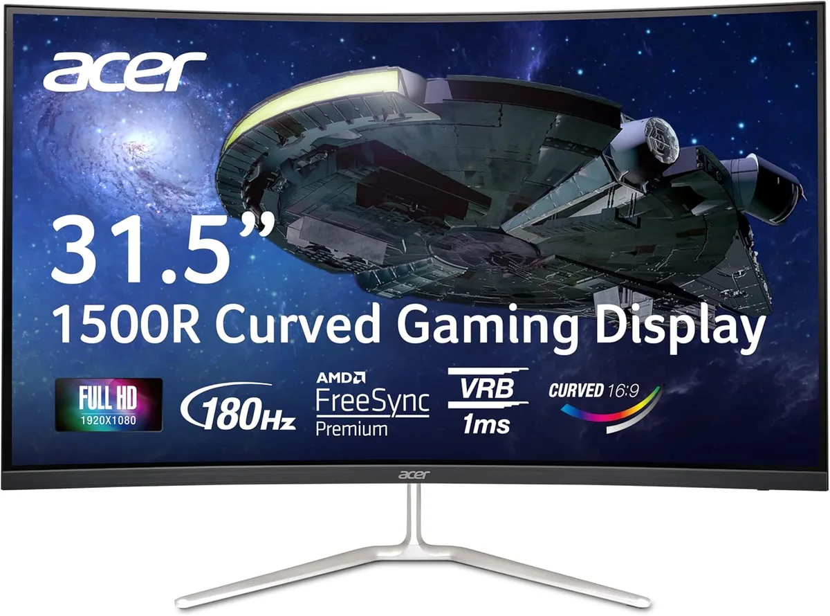 Black curved 31.5 inch VA gaming monitor with thin bezels and red accent strip on rear
