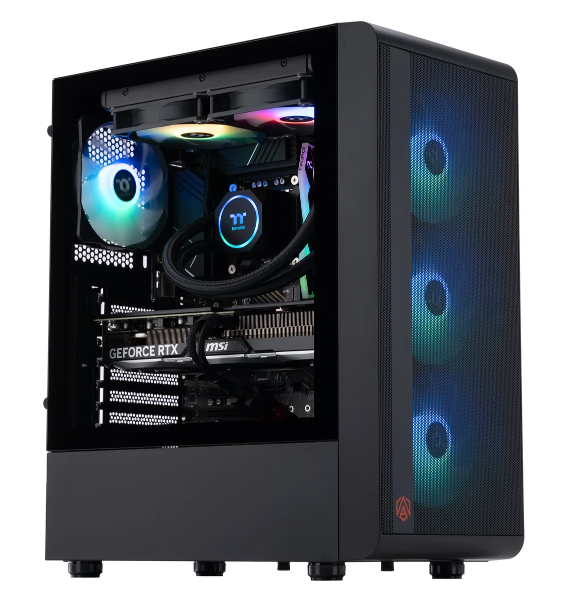 Black mid-tower desktop with RGB liquid cooling and triple-fan graphics card