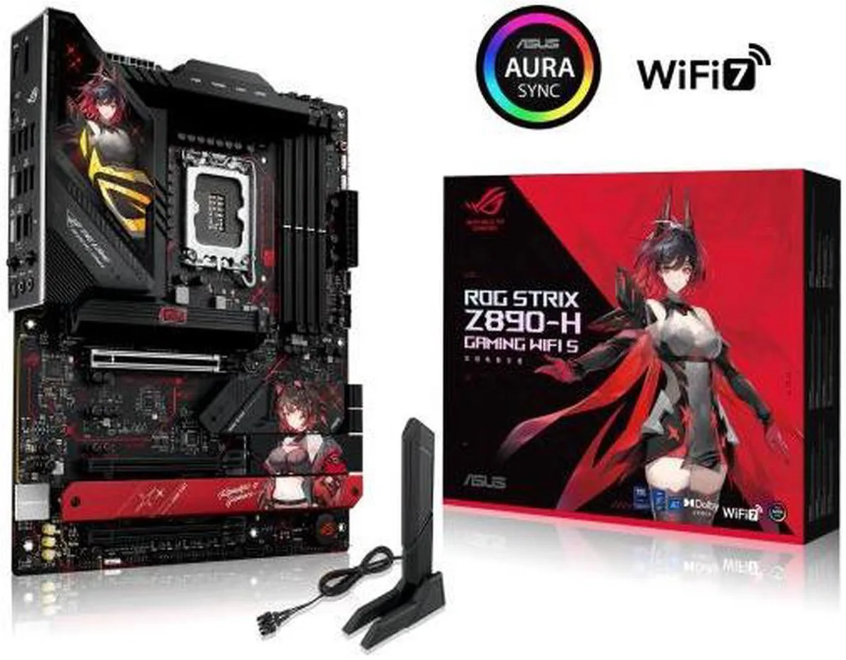 ATX motherboard with dark heatsinks, integrated I/O cover and L-shaped heatpipe