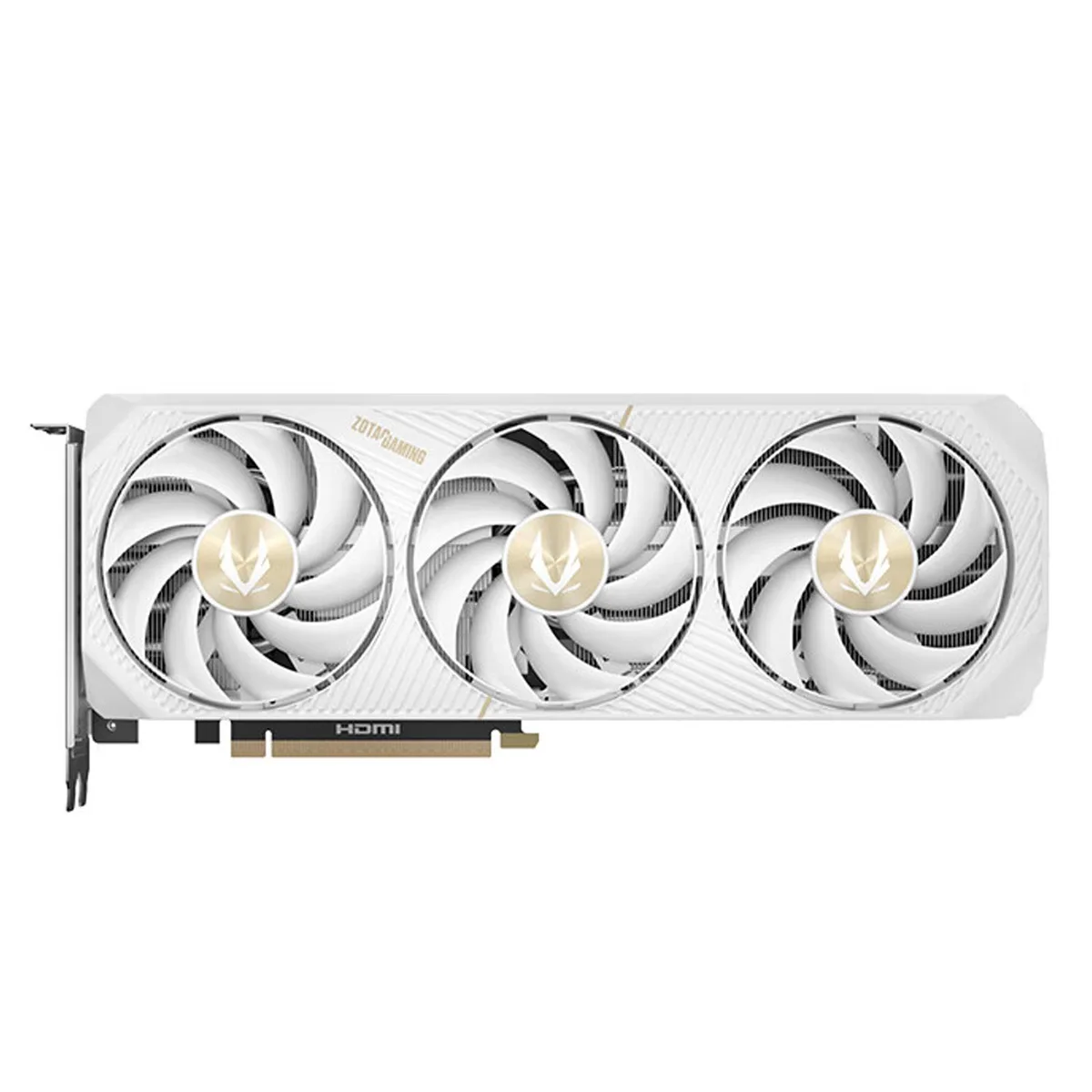White graphics card with dual fans and metal backplate, 2.5-slot design