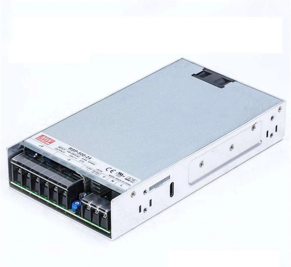 Enclosed metal power supply unit with built-in cooling fan and terminal connections