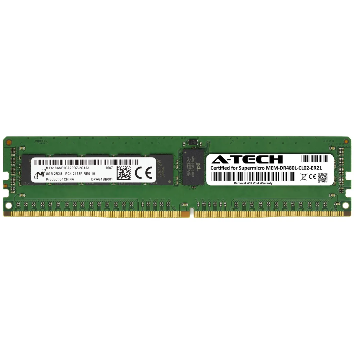 Green 288-pin DDR4 RDIMM module with black memory chips and a white label