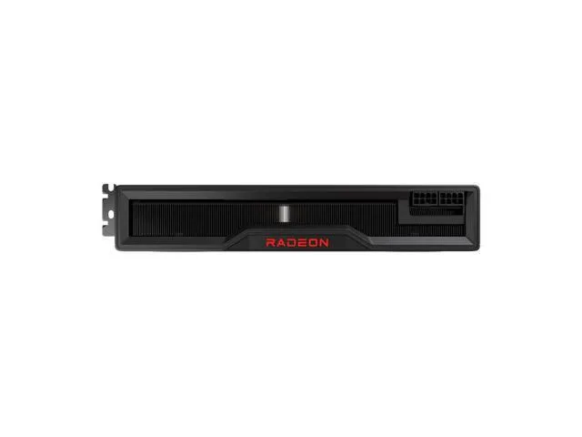 Rectangular AMD reference graphics card with silver metal shroud and dual axial fans