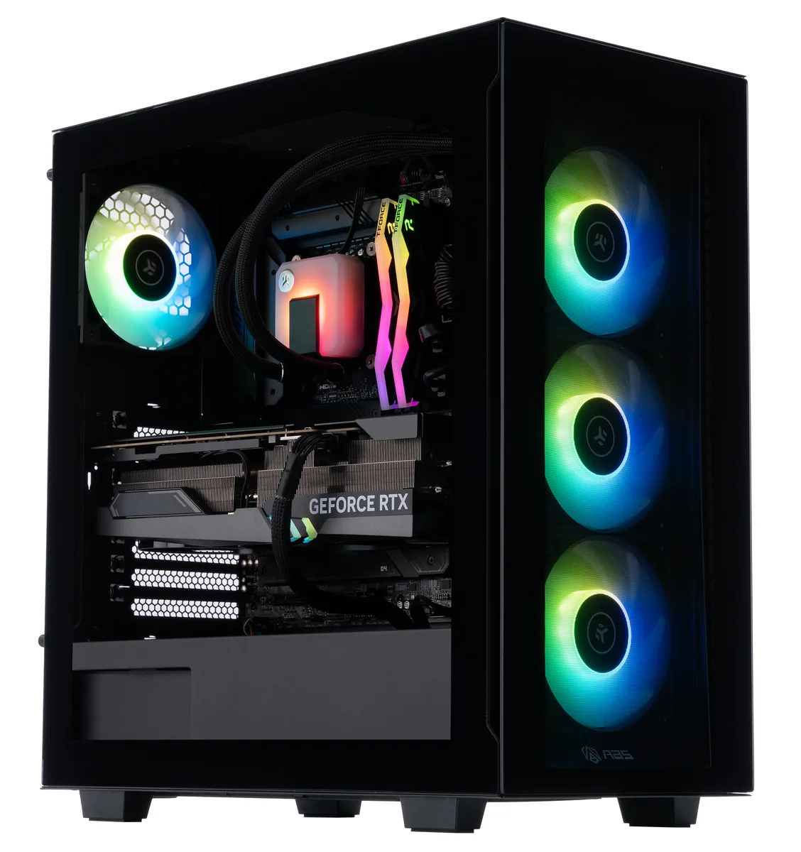 Black mid-tower gaming desktop with RGB liquid cooling visible through glass side panel
