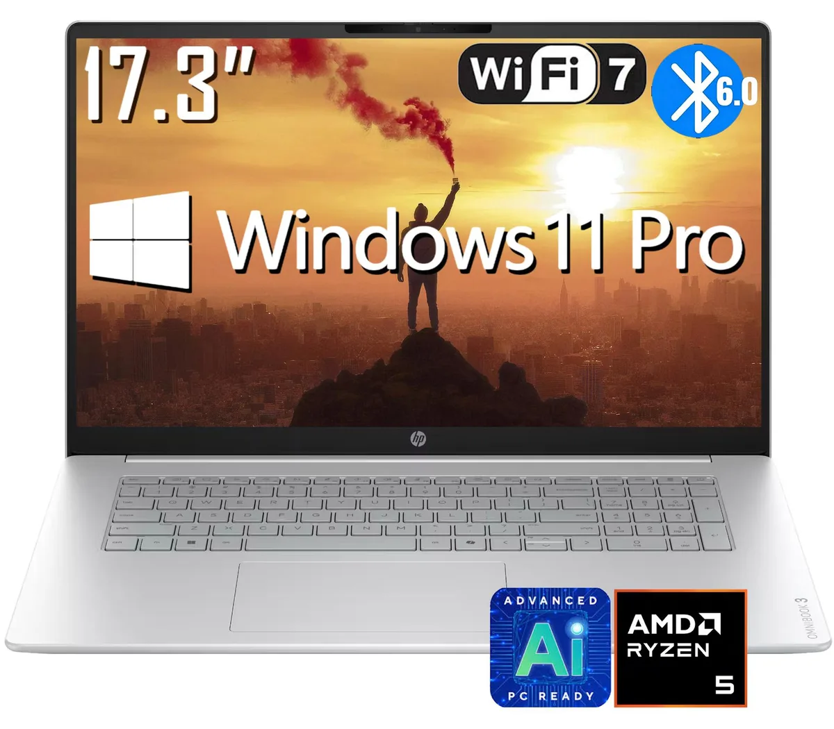 Silver 17.3 inch laptop, thin profile, non-touch matte display, compact keyboard with numeric pad