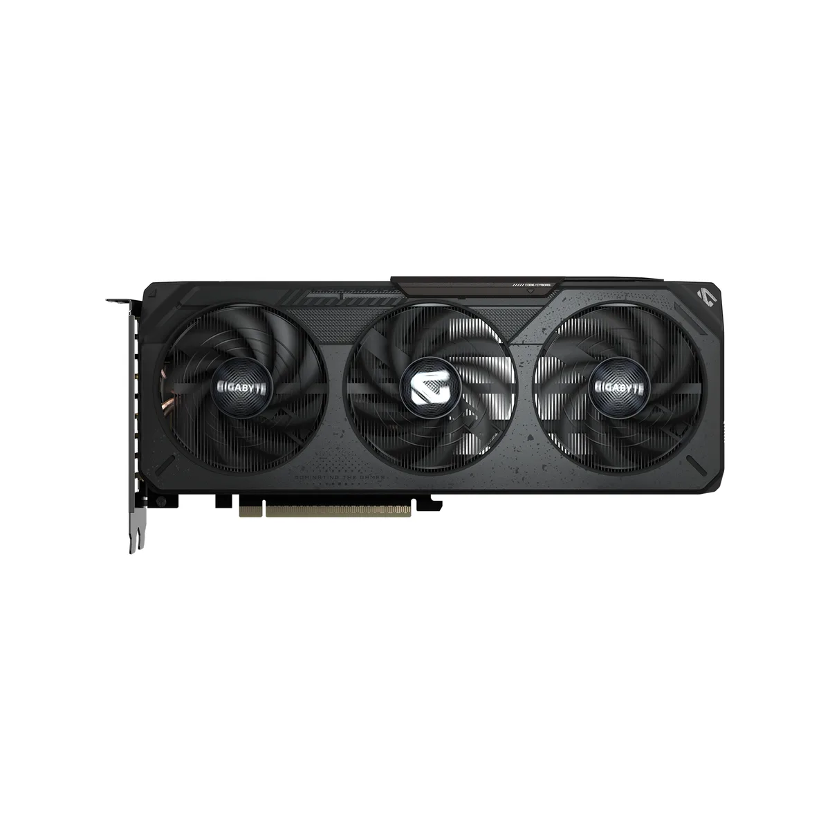 Black dual-slot graphics card with three fans and a metal backplate, 280 mm long