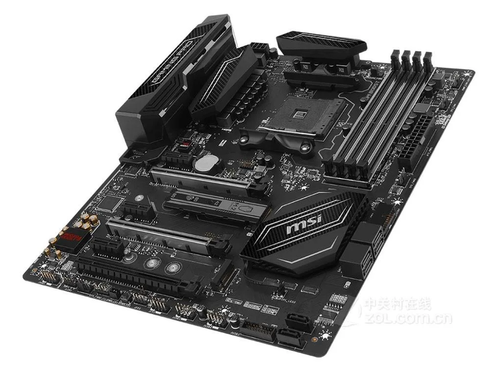Black ATX motherboard with carbon-fibre pattern heatsinks and rear I/O shield
