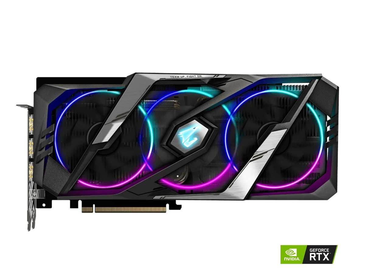 Gigabyte AORUS RTX 2060 Super graphics card with three fans and metal backplate