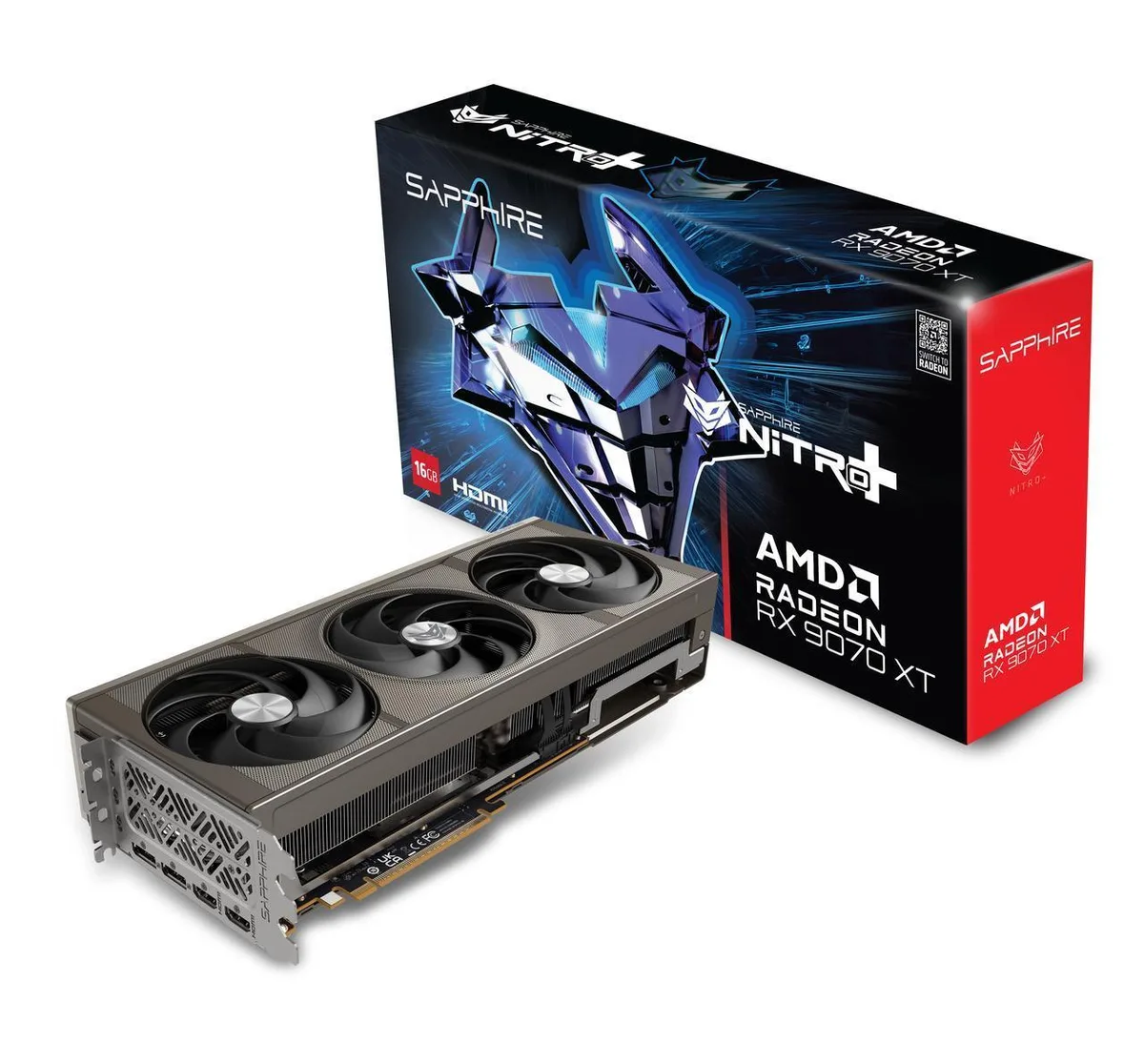 Sapphire NITRO+ Radeon RX 9070 XT 16GB graphics card, triple-fan cooler with silver shroud and backplate