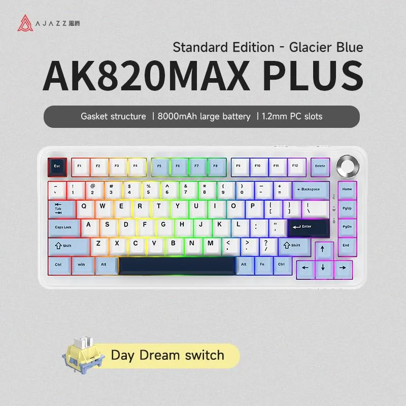 Blue-white-dark-blue 75% mechanical keyboard with volume knob and gasket structure