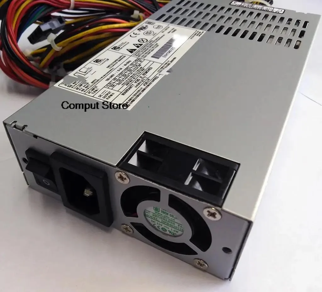 Silver 1U power supply unit with rear fan grille and cable bundle