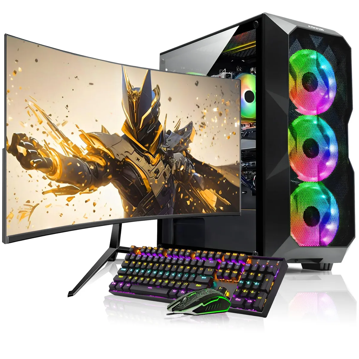 Black AQVIN AQB70 tower with curved 27 inch monitor, wired keyboard and mouse
