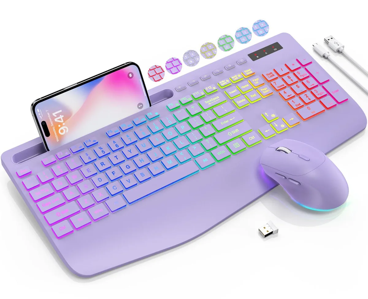 Lavender purple wireless keyboard with wrist rest and phone holder