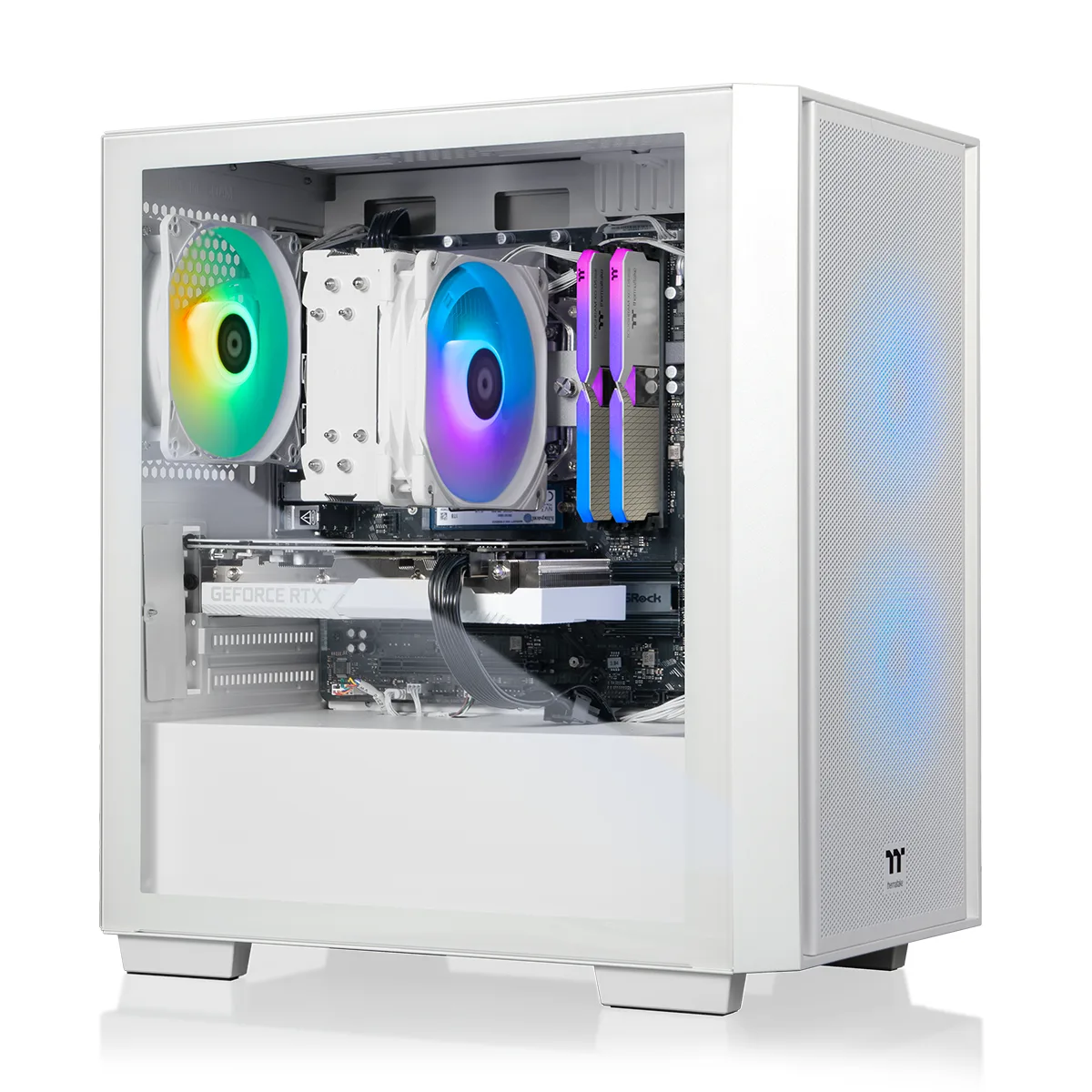 White compact gaming desktop with ARGB tower cooler visible through side panel