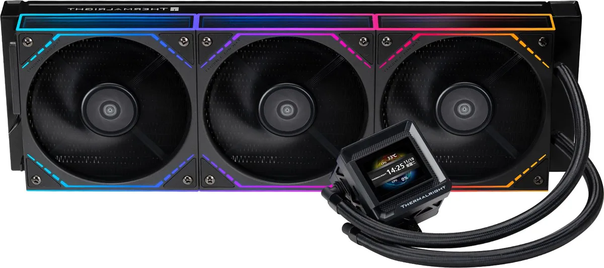 Black 360 mm radiator with three 120 mm fans and square pump block showing 2 inch LCD screen