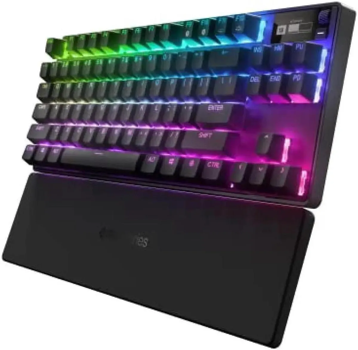 Tenkeyless wireless keyboard with aluminium frame, OLED display, magnetic wrist rest, per-key RGB