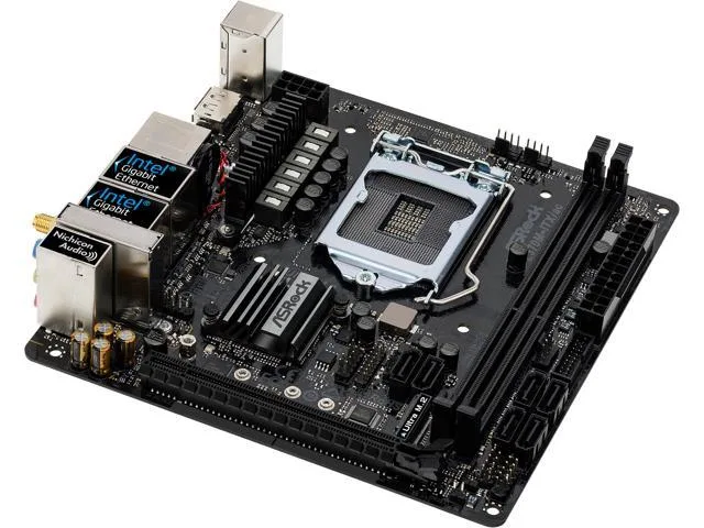 Compact Mini-ITX board with black PCB and silver I/O shield