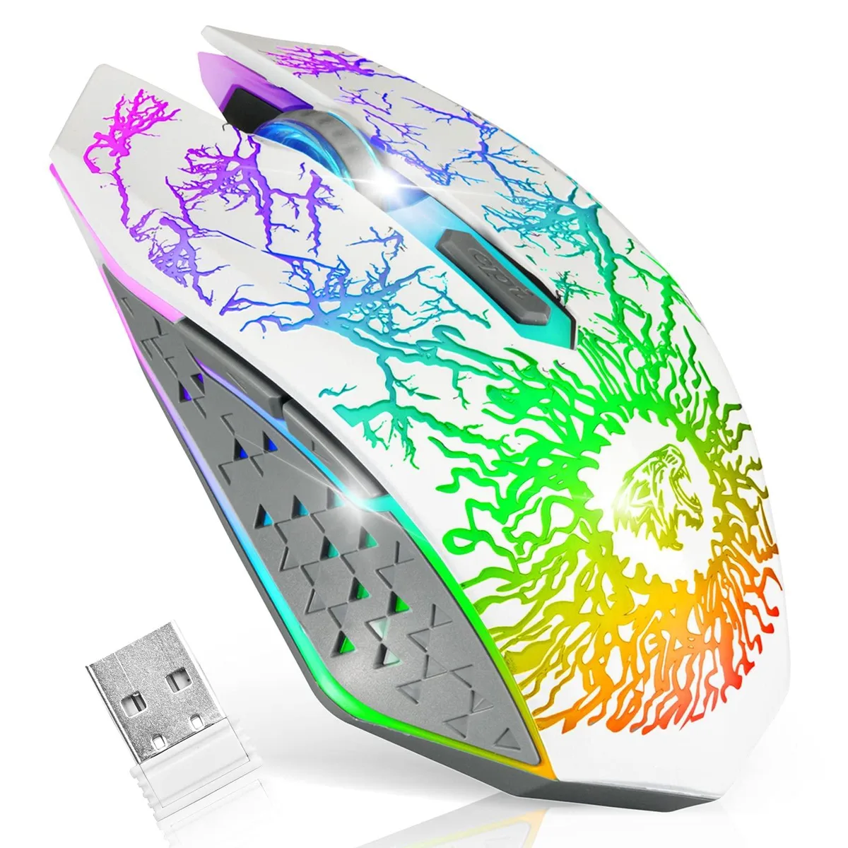 White wireless gaming mouse with curved right-hand shape, six buttons, RGB lighting and USB nano receiver