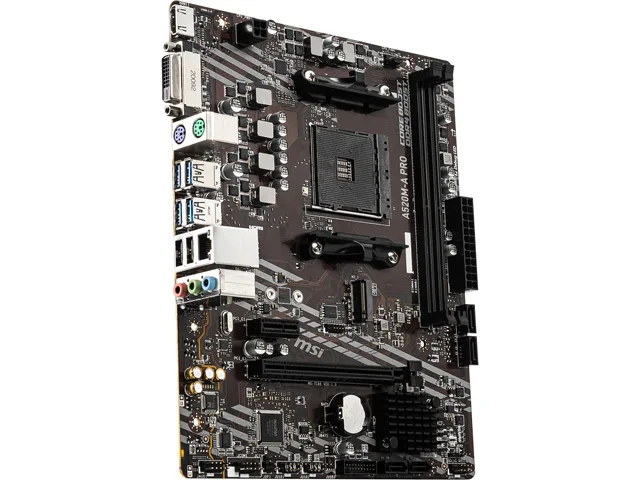 Green Micro-ATX board with silver AM4 socket, two black DDR4 slots, single PCIe x16 slot, four SATA ports, one M.2 slot