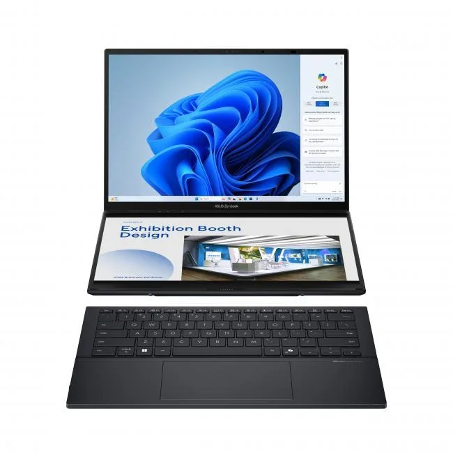 Dual 14 inch OLED touchscreens in Inkwell Gray detachable 2-in-1 laptop