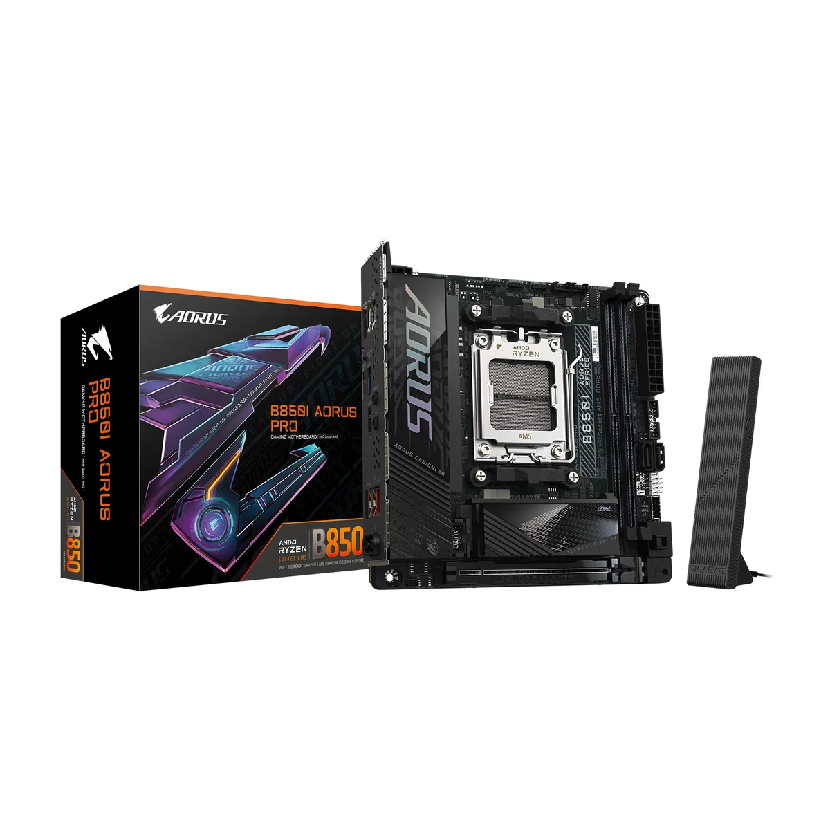 Compact Mini-ITX motherboard, matte black PCB with silver heatsinks and I/O shield