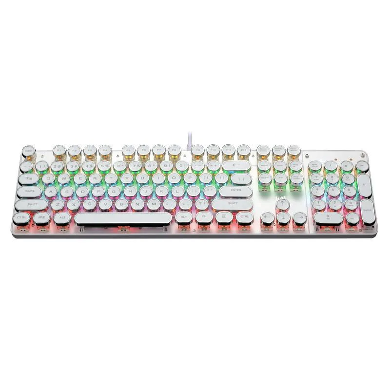White full-size mechanical keyboard with round keycaps and LED backlighting