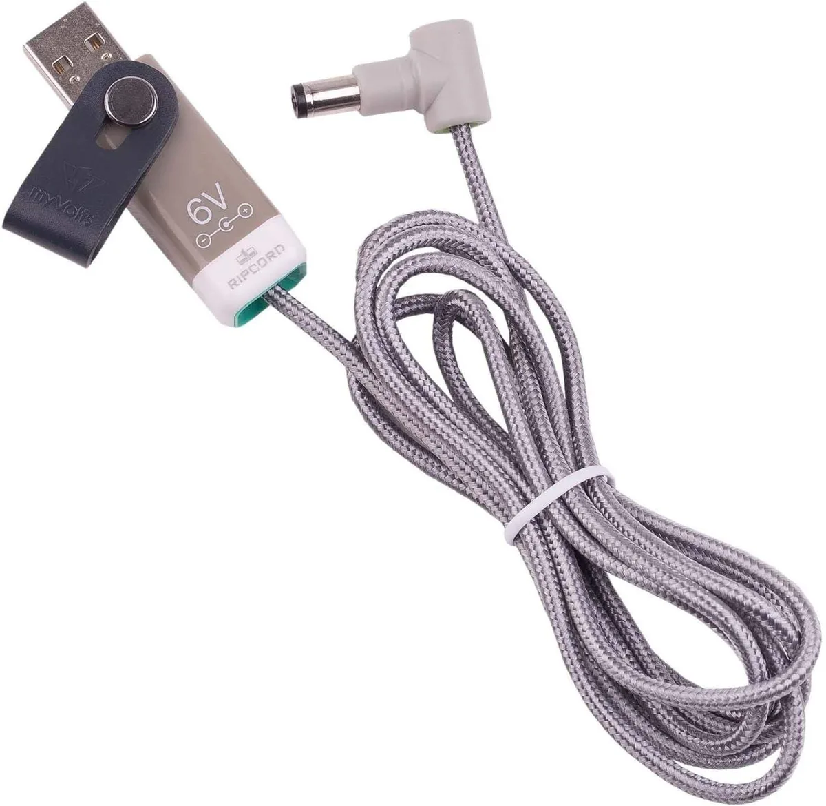 Black in-car power adaptor with dual USB ports and coiled output cable