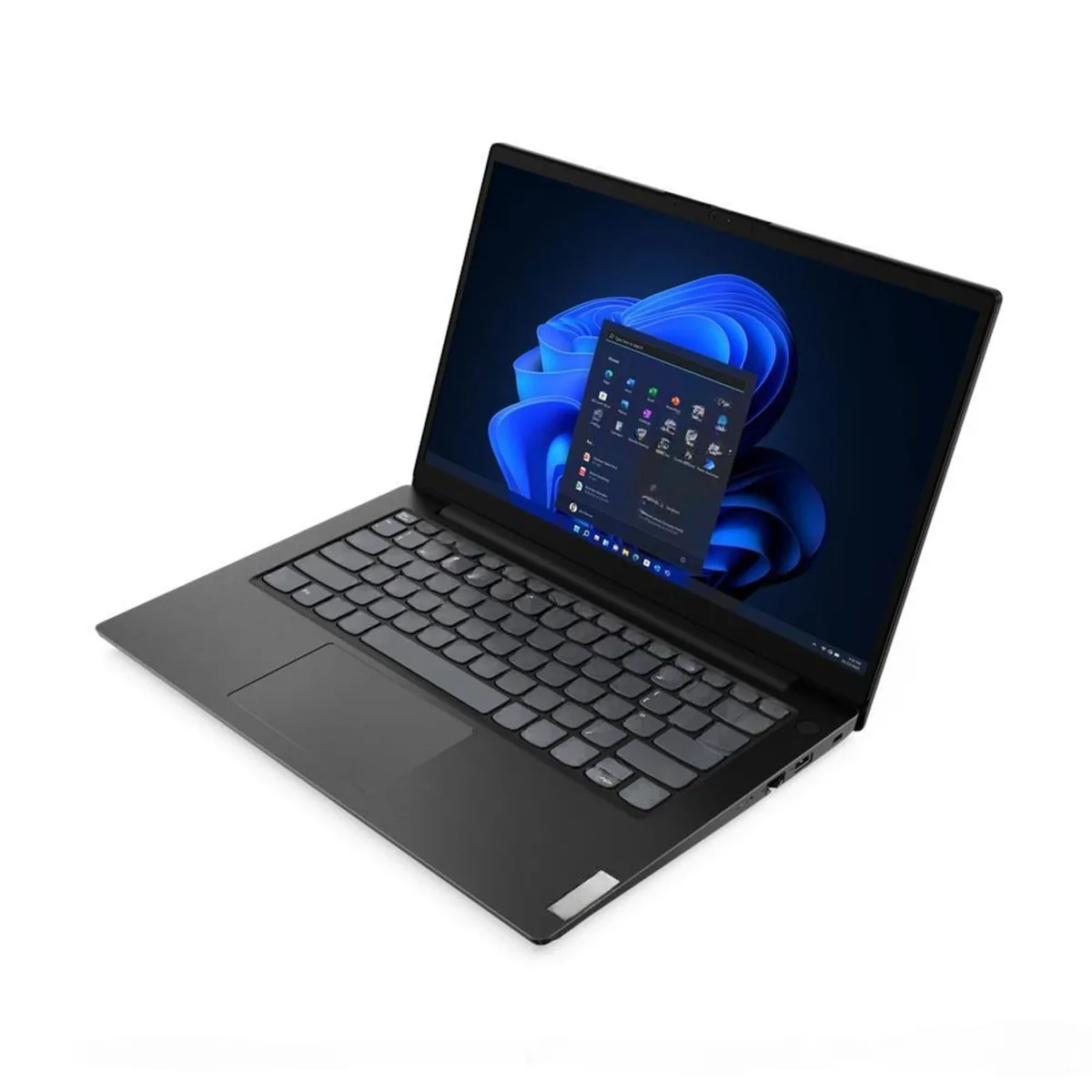 Black 14-inch Lenovo laptop closed on a plain surface