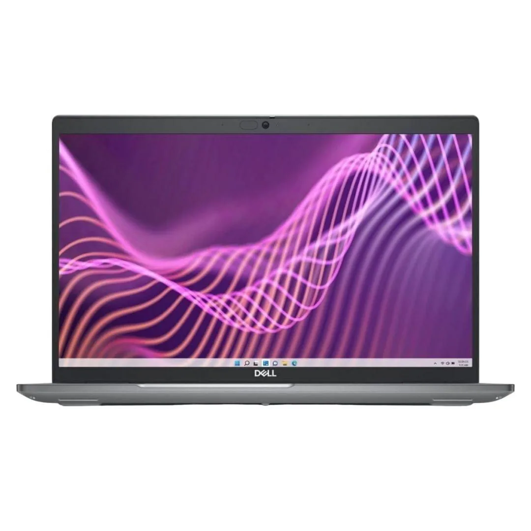 Gray 14-inch business laptop with matte display, closed lid showing Dell branding